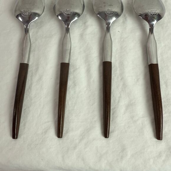 Ekco Eterna La Joya VTG Set 4 Soup Spoons Stainless Steel Faux Wood Flatware - Picture 3 of 10